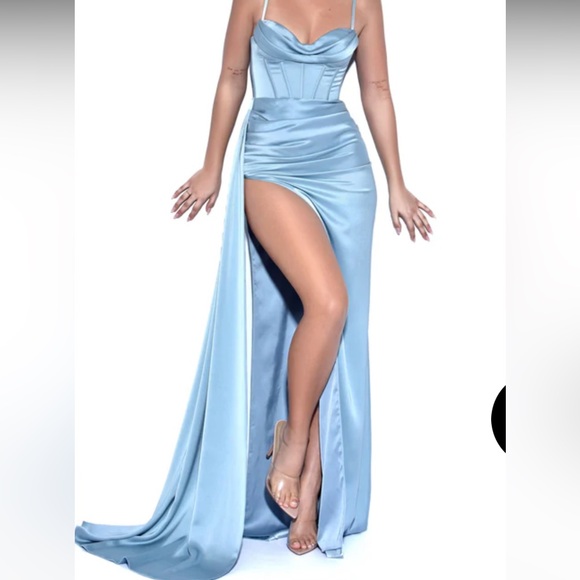Elayna Pale Blue Strappy Satin Corset High Slit Gown - Picture 1 of 6